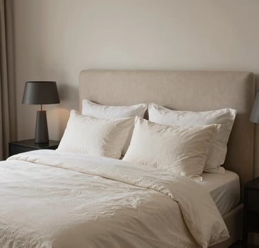 A serene master bedroom suite with layered cream linens, a light beige upholstered headboard, and minimalist charcoal bedside lamps. The mood is peaceful and luxurious. International / High-end residential photography.