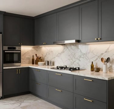 A professional shot of a modern kitchen in an International High-end home, featuring charcoal cabinetry, soft gold hardware, and cream-colored marble surfaces with clean, elegant lighting.