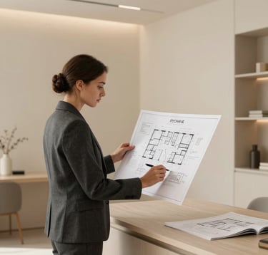 A professional interior designer in elegant charcoal attire reviewing architectural plans in a bright, modern studio with warm cream-beige walls and minimalist decor. International / High-end.