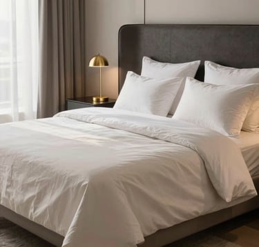 A professional staging of a luxury master bedroom with layers of soft beige and off-white linens, a charcoal upholstered headboard, and minimalist gold reading lamps. Soft morning light enters through sheer curtains. International / High-end.