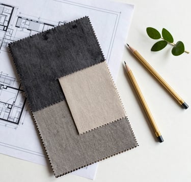 An overhead view of an interior designer's workspace featuring architectural blueprints, high-quality fabric swatches in charcoal and beige, a gold drafting pencil, and a small sprig of greenery on a white desk. International / High-end.