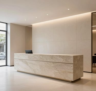 A sophisticated commercial lobby design with clean architectural lines, a reception desk in light charcoal stone, and soft beige wall panels. The space is bright and professional with a minimalist luxury feel. International / High-end.