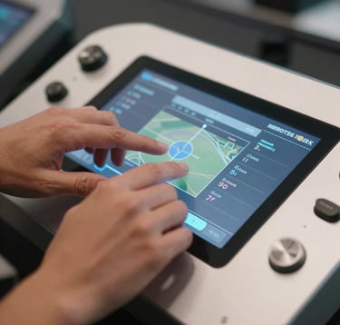 Close-up photography of a person's hands adjusting a digital interface on a sleek, metallic console. The lighting is cool off-white with sky blue reflections. The scene suggests a premium, tech-heavy sports management or training system.