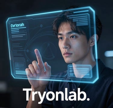 A conceptual photograph of a person interacting with a holographic interface in a darkened, premium space. Subtle hints of Deep Navy Blue and Soft Sky Blue glow on the person's face. The composition is futuristic and clean, suggesting the upcoming integration of games and interactive tech at Tryonlab.