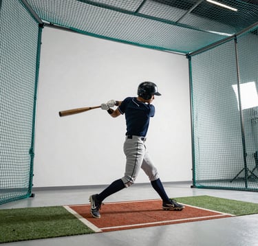 An energetic, sharp photograph of an indoor baseball batting cage. A person in modern athletic wear is mid-swing. The environment is clean and contemporary, featuring Pearl White walls and Steel Teal safety netting. The scene is illuminated by cool-toned studio lights, creating a dynamic, high-performance look.