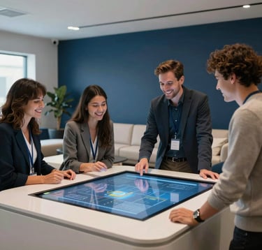 A group of young professionals laughing and engaging with an interactive digital display in a lounge area. The room features cool off-white furniture, dark navy blue walls, and soft sky blue ambient lighting, reflecting a modern and premium atmosphere.
