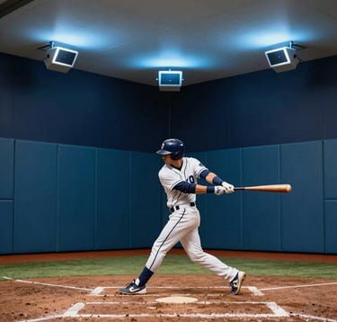 A high-action photograph inside a modern baseball lab. A batter in professional gear is seen against a backdrop of dark navy blue walls with muted teal blue safety padding. High-speed sensors are visible on the ceiling, glowing with soft sky blue light.