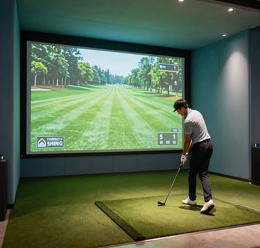 A professional indoor golf simulator featuring a large projection screen showing a lush green course. A golfer in stylish sports attire stands on a high-quality turf mat. The surrounding walls are a muted teal blue, illuminated by focused cool off-white spotlights.