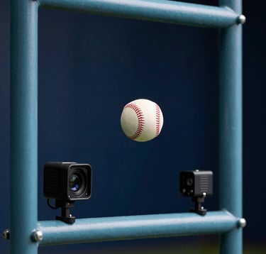 A close-up shot of a professional indoor baseball batting cage. The scene features high-speed cameras and sensors mounted on muted teal blue metal frames. A crisp mist white baseball is captured in mid-air against a dark midnight blue backdrop. The lighting is sharp, emphasizing movement and technological precision.