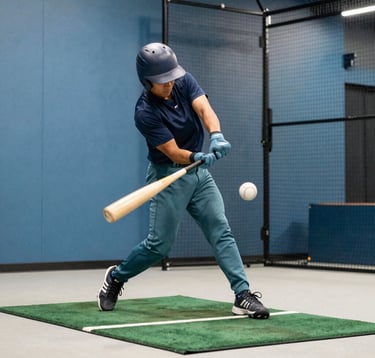 Action shot of a baseball bat hitting a ball inside a modern batting cage. The composition is dynamic, showing the ball's impact. The color palette features soft steel blue walls, muted teal equipment, and bright off-white floor markings.