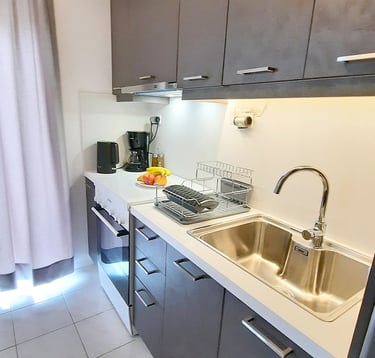 a kitchen with a sink and a stove top