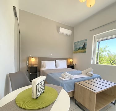 a bed room with a bed and a table