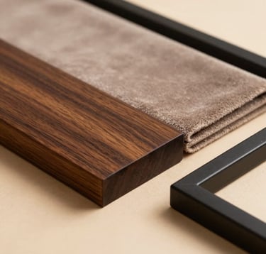 Macro photography of interior design materials used in a South Asian / Indian context. A piece of polished dark wood, a swatch of taupe velvet, and a matte black metal frame arranged on a warm beige surface. Minimalist and high-end composition with soft focus.