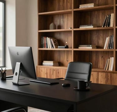 A medium shot of a refined professional workspace in Bhopal. A clean matte black desk with minimalist accessories and a backdrop of built-in warm wood bookshelves. The lighting is sophisticated and premium, highlighting intentional details.