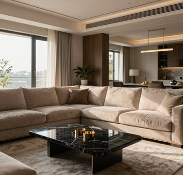 A high-end residential interior in Bhopal. A sleek, modern living area with a large warm beige sectional sofa, a black marble coffee table, and subtle gold accents. Soft morning light enters the room, highlighting sophisticated South Asian / Indian architectural details.