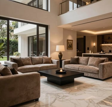 A stunning luxury villa interior in South Asian / Indian architectural style, featuring an ivory marble floor, taupe plush sofas, minimalist matte black coffee table, warm cinematic lighting, high-end, aspirational.