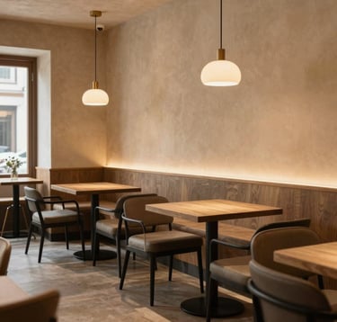 A premium modern cafe interior in a South Asian / Indian city, featuring warm beige walls, elegant seating with matte black frames, warm ambient lighting, highly detailed, sophisticated and timeless.