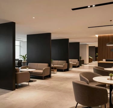 Architectural shot of a high-end commercial office lounge in Bhopal, India. The space features clean lines, taupe-colored ergonomic furniture, and minimalist matte black partitions. The lighting is warm and professional, creating an atmosphere of quiet luxury.