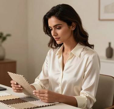 An elegant portrait of a female lead interior designer in a sophisticated ivory silk blouse. She is sitting in a minimalist, warm beige office space in Bhopal, holding a material sample. The lighting is soft and flattering, emphasizing a premium South Asian / Indian business environment.
