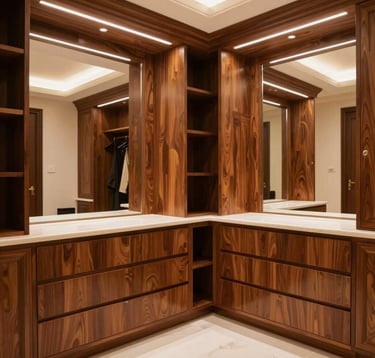 Interior shot of a bespoke custom dressing room in a luxury Indian villa. Meticulous wooden cabinetry in warm tones, integrated LED lighting, and polished ivory surfaces. The style is clean, organized, and expensive-looking.