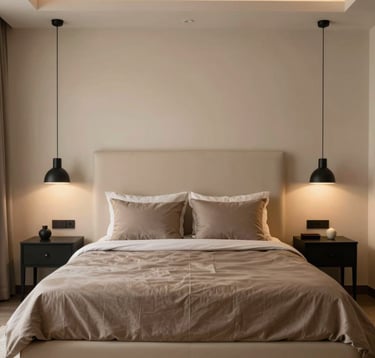 A luxurious master bedroom interior in a South Asian / Indian villa. Symmetrical composition featuring an ivory upholstered headboard, taupe silk linens, and matte black lighting fixtures. The atmosphere is warm, quiet, and intentional.