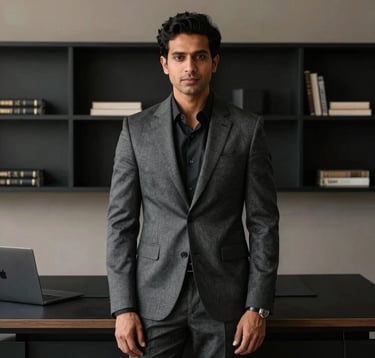 A high-end studio portrait of a male interior architect in his late 30s. He is dressed in a charcoal grey tailored suit, standing in a minimalist office with matte black shelves and a taupe wall behind him. The setting is a luxury design firm in South Asian / Indian style with soft, professional rim lighting.