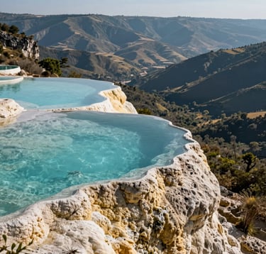 A landscape shot of the natural infinity mineral pools at Hierve el Agua, with clear turquoise water perched on a cliff edge overlooking the sprawling valley of Oaxaca under bright sunlight.