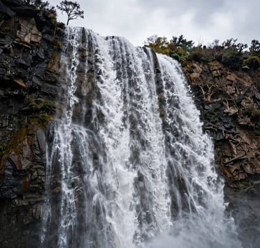 A dramatic photography shot looking up at the massive petrified waterfall of Hierve el Agua. The texture of the white mineral deposits is detailed and intricate, resembling flowing water. The composition includes a lone tree on the cliffside, typical of the Mexican highlands, under a serene, overcast sky.