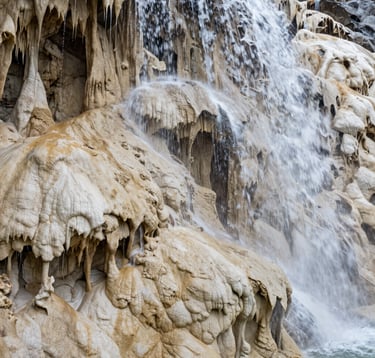 A detailed close-up photography of the calcified rock formations at Hierve el Agua, showing the intricate textures and layers of the stone cascades in shades of off-white and cream.