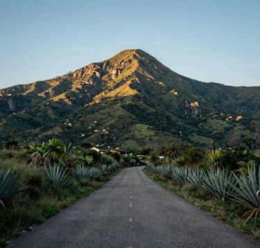 A scenic landscape view of a winding road through the Mexican / Oaxacan mountains leading to Hierve el Agua. Lush green vegetation and agave plants line the route under a clear soft sky blue sky.