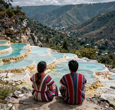 Two travelers in traditional woven attire overlooking the turquoise mineral pools of Hierve el Agua, Oaxaca, Mexico. The composition captures the vastness of the valley below from the high-altitude cliff-top location.