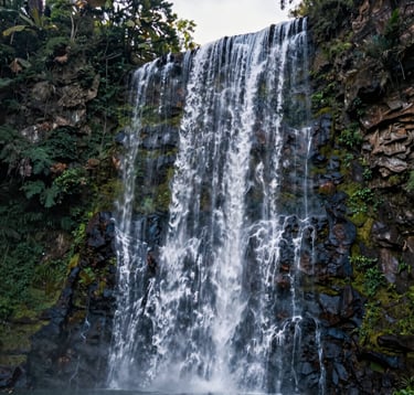 A majestic vertical shot of the main petrified waterfall at Hierve el Agua. The white calcified flows cascade down hundreds of feet into a lush Mexican valley. Soft morning lighting highlights the textures of the stone against the deep forest green vegetation.