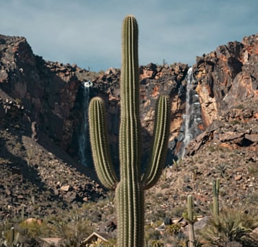 A vertical shot of a tall organ pipe cactus standing against the rugged mountain backdrop of Hierve el Agua. The lighting is bright and crisp, highlighting the textures of the Mexican desert flora and the distant petrified stone falls under a soft blue sky.