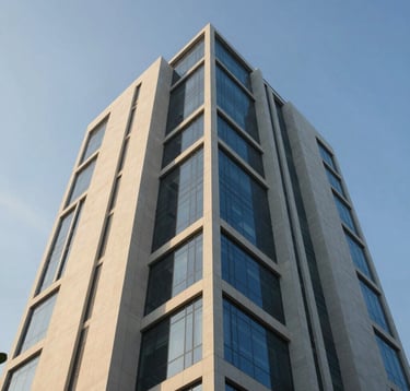 A high-end architectural photo looking up at the corner of a contemporary building in Jakarta. The sharp geometric lines and glass textures are highlighted by the warm evening sun, using a palette of off-white (#F8F6F1) and deep blue (#1A2B3C) shadows.