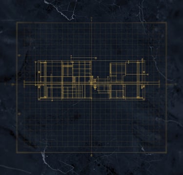 An artistic, high-contrast image of a technical blueprint or structural grid overlaid on a subtle, dark marble texture. The style is modern editorial with a focus on precision. Colors: deep navy (#1A2B3C) with delicate gold (#C0A060) linework.