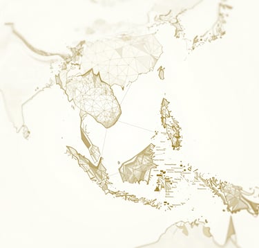 A premium digital illustration of a map focusing on Southeast Asia, rendered in subtle metallic gold (#C0A060) lines against a clean off-white (#F8F6F1) background. Purposeful geometric patterns connect major cities, representing strategic connectivity and regional insight.