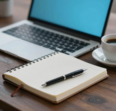 A minimalist, macro shot of a sleek laptop and a designer notebook on a dark wood desk. A soft blue (#658BA3) glow from a screen illuminates a cup of coffee. The composition is clean and modern, suggesting a refined workspace.