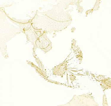 A clean, minimalist editorial graphic of a map of Southeast Asia. The map is rendered in thin #C0A060 gold lines and geometric dots on a light #F8F6F1 background, symbolizing connectivity and regional research insights. The style is modern and authoritative.