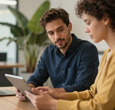 An editorial style, close-up shot of two professionals from diverse backgrounds discussing a project over a tablet in a modern office with tropical plants. The lighting is warm and approachable with soft navy (#1A2B3C) and gold (#C0A060) color accents.