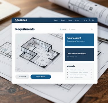 A refined, professional still-life photograph showing architectural blueprints and digital strategy diagrams overlapping on a dark wood surface. Soft, warm lighting creates an approachable yet expert feel. Colors include #658BA3 and #1A2B3C.