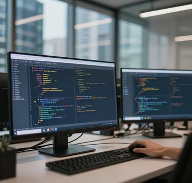 An editorial close-up of a high-tech coding environment in a modern office in Jakarta or Kuala Lumpur. Sleek glass screens display clean software code, with reflections of a vibrant city through the window. Sophisticated, tech-forward lighting using #1A2B3C navy and #C0A060 gold accents.