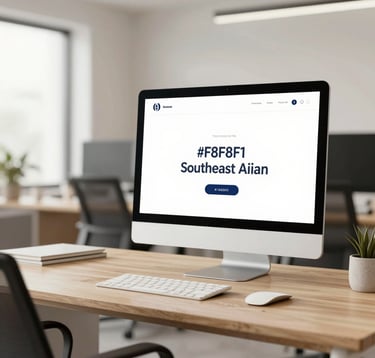 A close-up of a high-end, contemporary workspace in a Southeast Asian business hub. Warm wood textures are paired with sleek modern technology. The atmosphere is professional yet approachable, with a palette dominated by off-white (#F8F6F1) and navy (#1A2B3C).