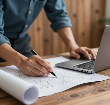 A high-quality image of hands collaborating over a technical blueprint and a sleek laptop, set against a background of warm Southeast Asian wood. Professional lighting, emphasizing expertise and trusted partnership with #1A2B3C tones.