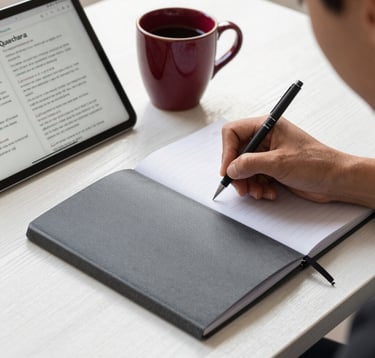 A close-up, high-quality photograph of a professional student's hands writing notes in an elegant charcoal grey notebook. Beside the notebook is a tablet displaying a quechua grammar lesson and a ceramic cup with deep crimson glazes. Soft, natural morning light on a white oak desk.