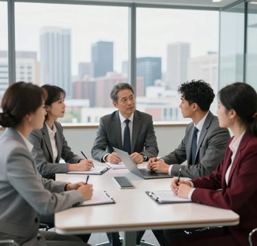 A group of diverse, well-dressed professionals in a bright, modern glass-walled meeting room. They are engaged in a collaborative workshop, with a blurred view of a city skyline in the background. The scene conveys trust, innovation, and academic prestige with a palette of silver grey and deep crimson.