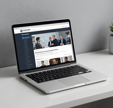 A clean, contemporary workspace with a silver-white laptop showing a professional educational interface, set against a minimalist cool grey background.