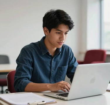 A professional student of Andean descent using a sleek silver laptop in a bright, contemporary study space. The background features clean walls and a hint of a crimson-red armchair. The scene conveys innovation and educational focus.