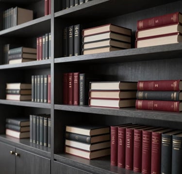 A high-end editorial office with dark slate grey shelves and stacks of elegant books, soft atmospheric lighting highlighting charcoal and deep crimson textures.