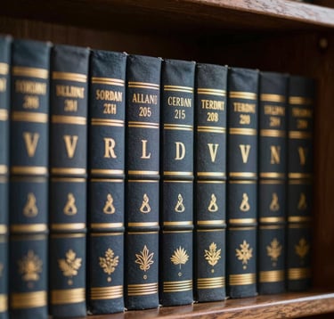A close-up, sharp-focus photograph of elegant, high-quality book spines and covers with gold-embossed lettering and native motifs. The books are displayed on a dark wooden shelf in an authoritative library setting.