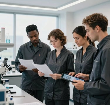 A high-end professional portrait of a diverse team of researchers in a bright, modern linguistic laboratory. They are looking at high-quality printed materials and digital tablets. The environment is clean, minimalist, and elite, with dark charcoal and silver grey tones.